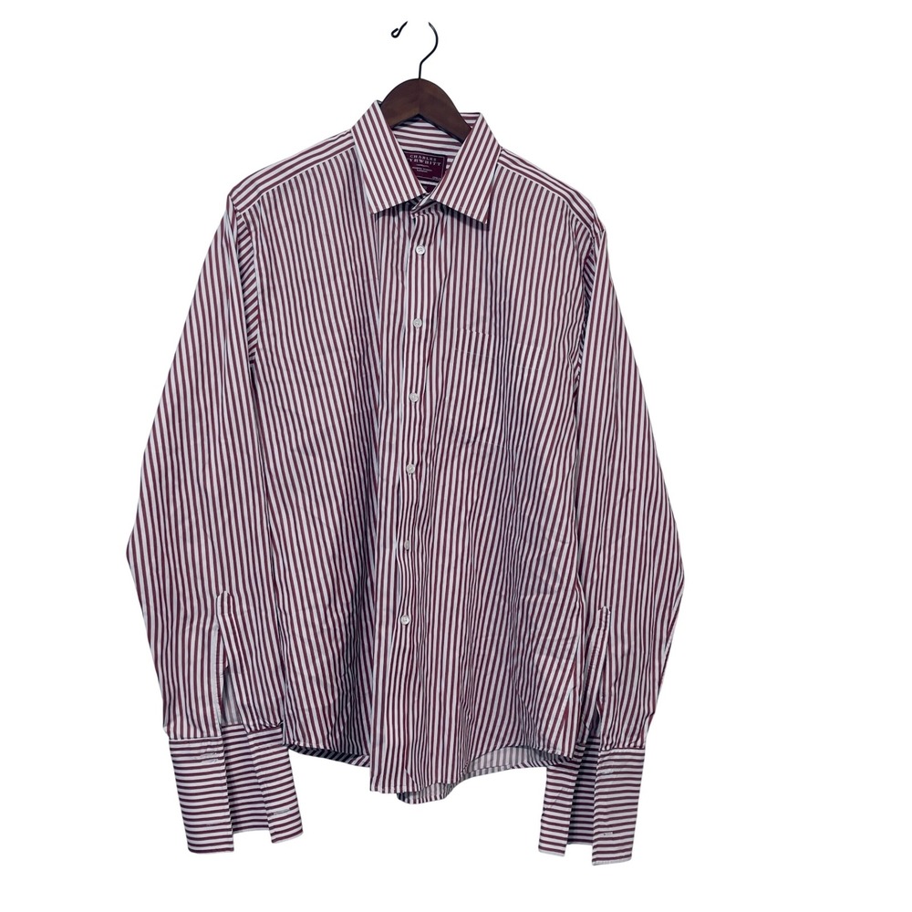 Charles Tyrwhitt Mens Dress Shirt 17/37 Slim Fit Red White Striped French Cuff